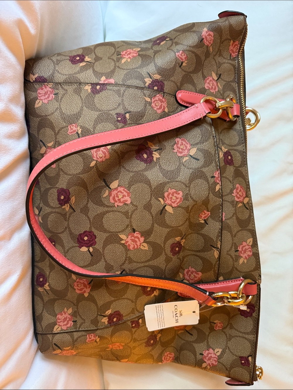 Coach Brown Floral Signature Canvas Shoulder Bag with Pink Trim